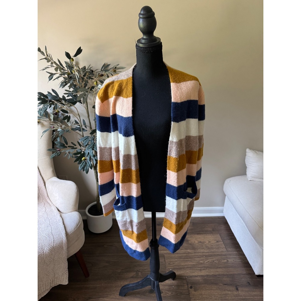 Madewell Striped Open Front Cardigan Wool Alpaca Blend Mustard Navy Multi Size M
